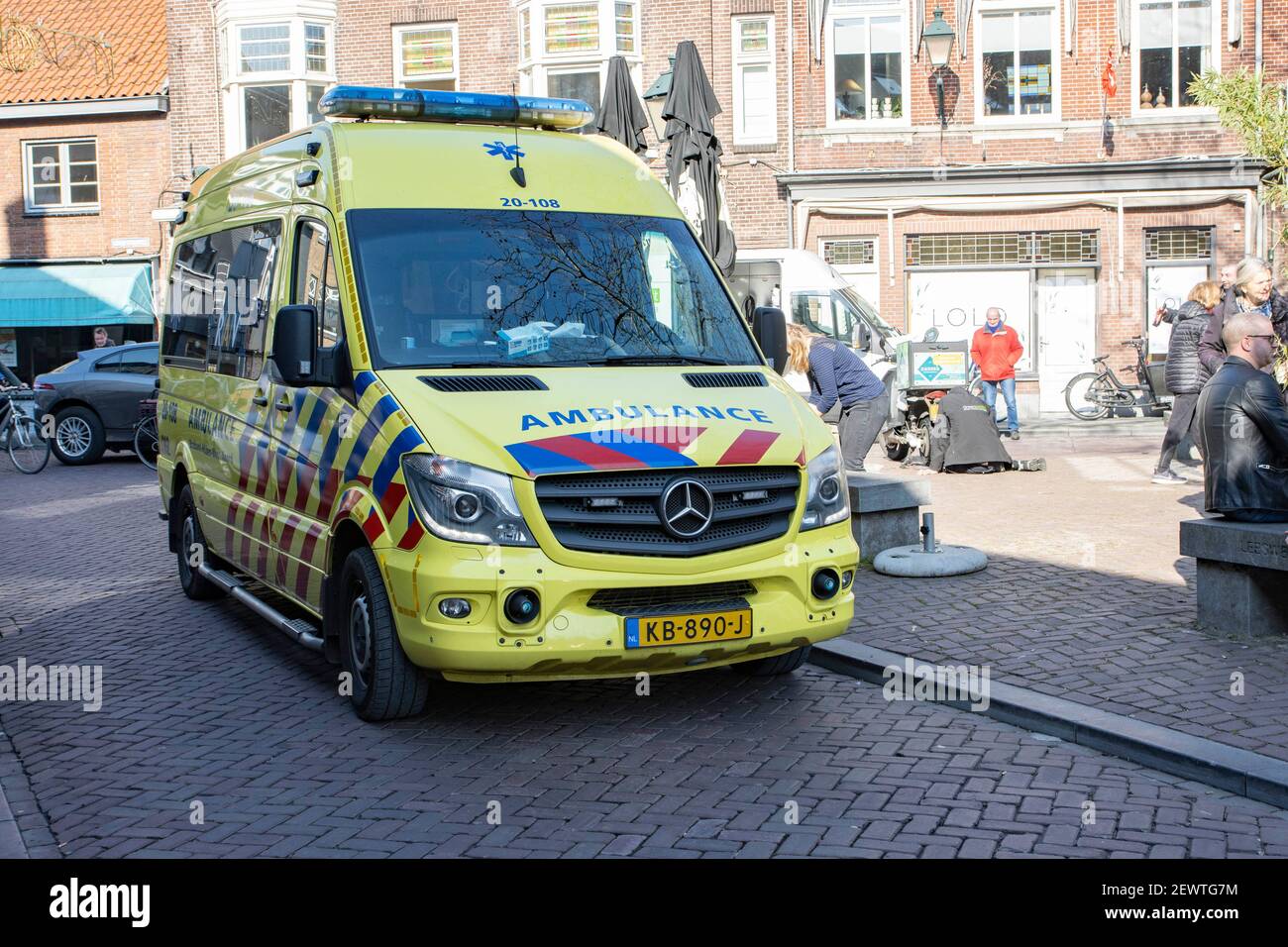 Breda, Netherlands. 03rd Mar, 2021. An ambulance arrives during the demonstration.Supported by Forum for Democracy political party, (FvD) (Forum voor Democratie), owners of open-air terraces of restaurants, cafes and bars opened their businesses as part of the anti-lockdown protests, asking the government to open open-air areas immediately. Credit: SOPA Images Limited/Alamy Live News Stock Photo