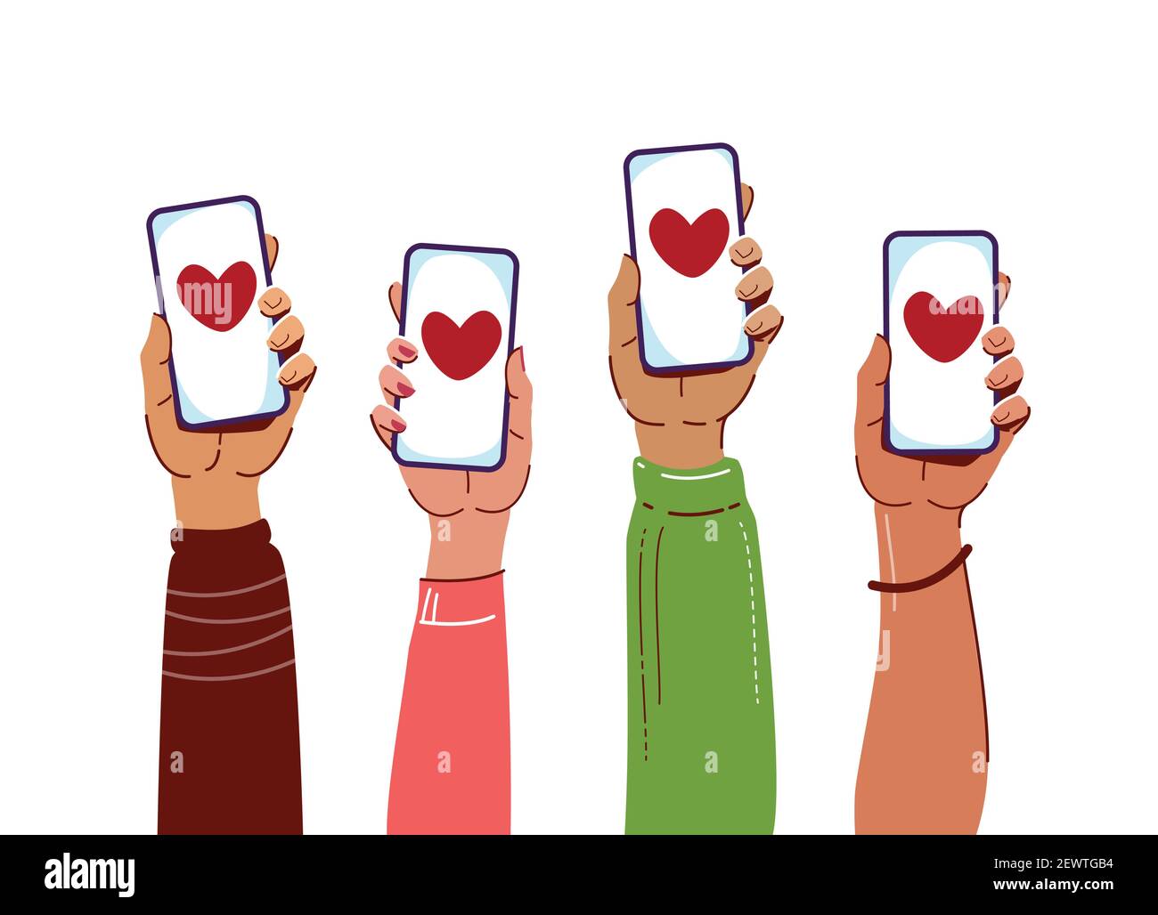 Hands holding smartphones. People Interacting on social media or network. Online communication flat vector illustration Stock Vector
