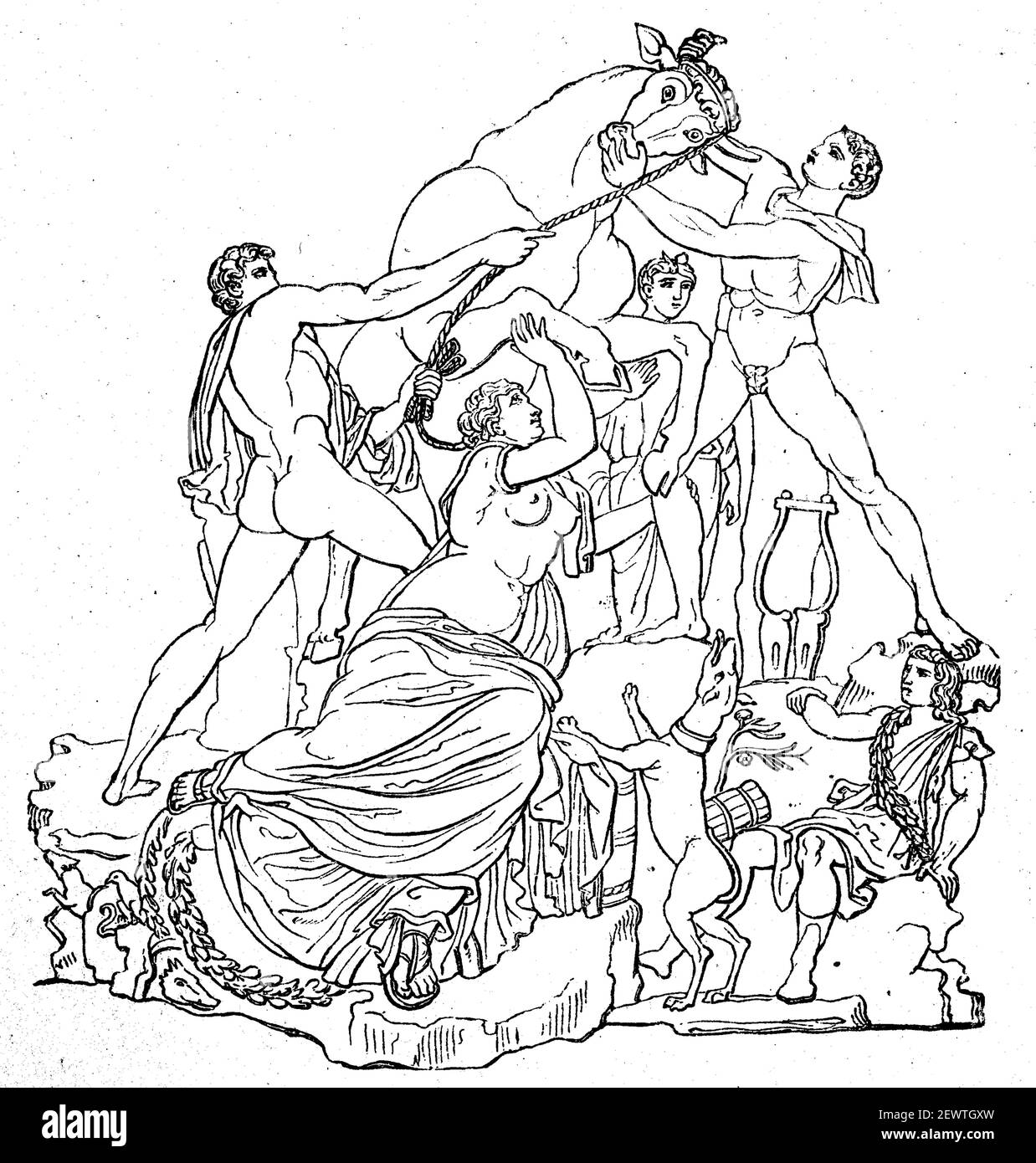 Group of the Farnese Bull, artwork from the Farnese Palace in Rome, one of the largest marble groups of antiquity, illustration from 1890  /  Gruppe des Farnesischer Stier, Kunstwerk aus dem Palast Farnese in Rom, eine der größten Marmorgruppen des Altertum, Illustration aus 1890, Historisch, historical, digital improved reproduction of an original from the 19th century / digitale Reproduktion einer Originalvorlage aus dem 19. Jahrhundert, Stock Photo