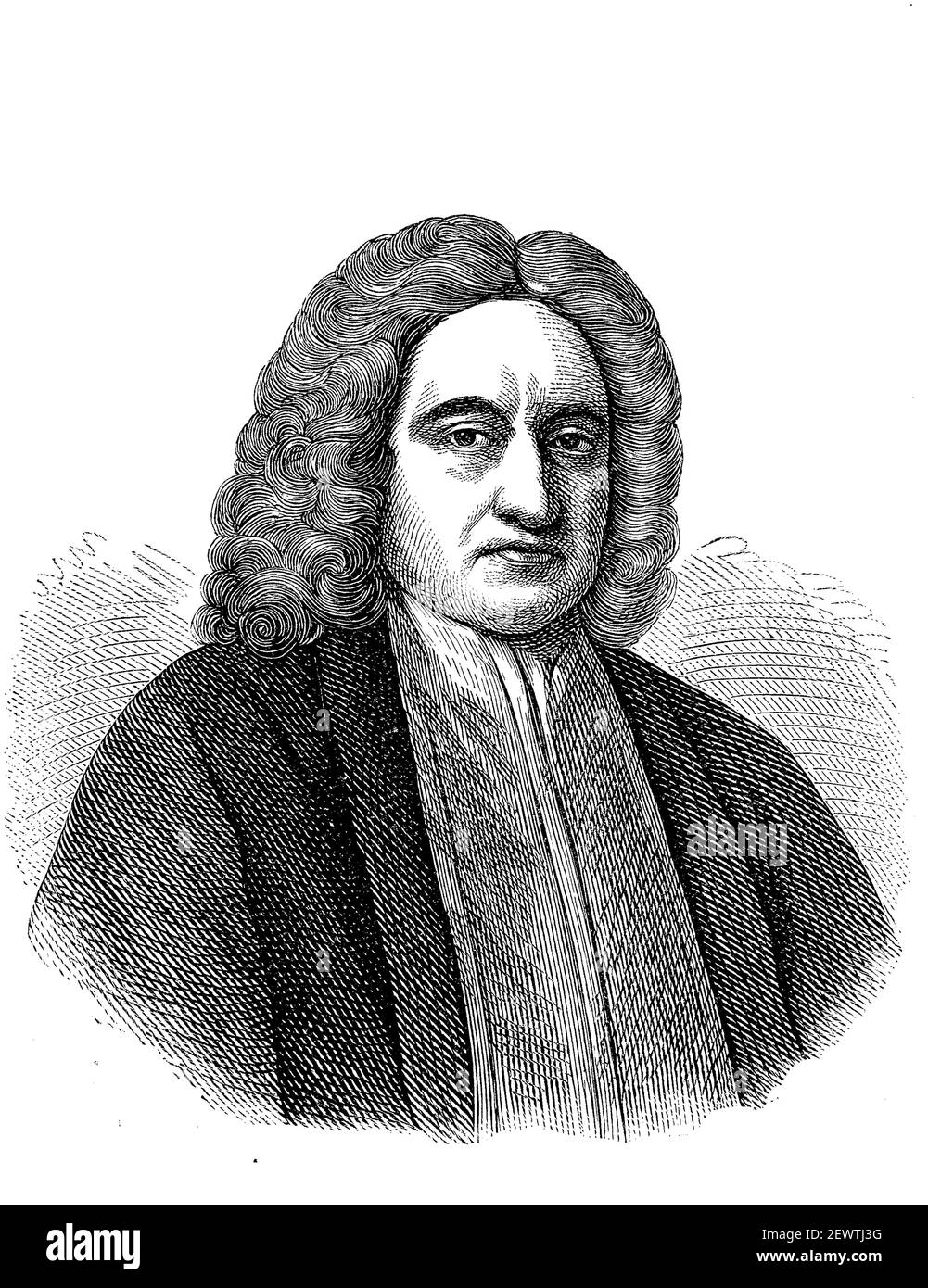 Edmond Halley, November 8, 1656 - January 25, 1742, an English astronomer, mathematician, cartographer, geophysicist, and meteorologist  /  Edmond Halley, 8. November 1656 - 25. Januar 1742, ein englischer Astronom, Mathematiker, Kartograph, Geophysiker und Meteorologe, Historisch, historical, digital improved reproduction of an original from the 19th century / digitale Reproduktion einer Originalvorlage aus dem 19. Jahrhundert, Stock Photo