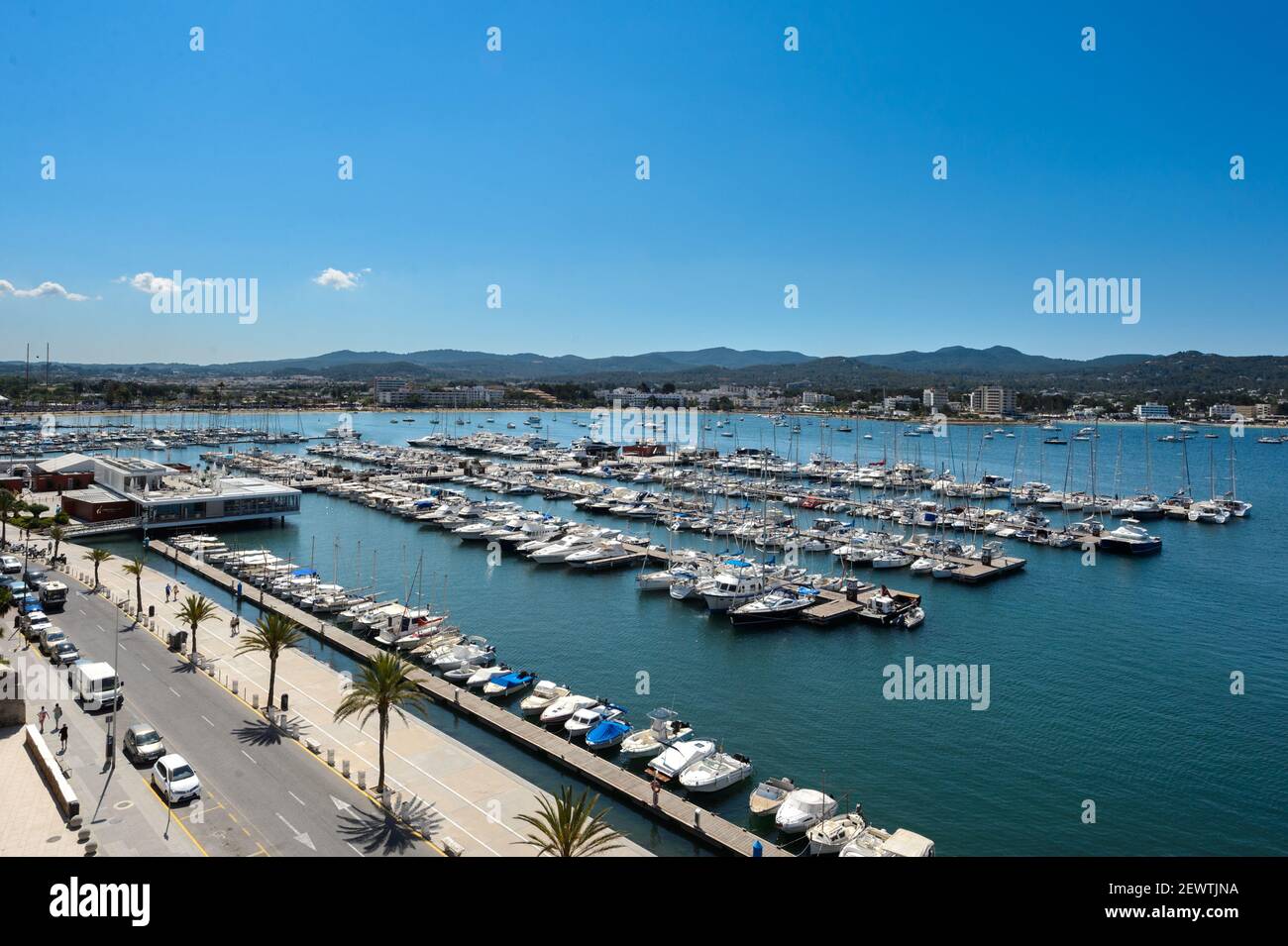 San Antonio de Portmany, Ibiza - June 16, 2015. Sant Antonio de Portmany Yacht Club, located at the beginning of the bay. Where pleasure and rental bo Stock Photo