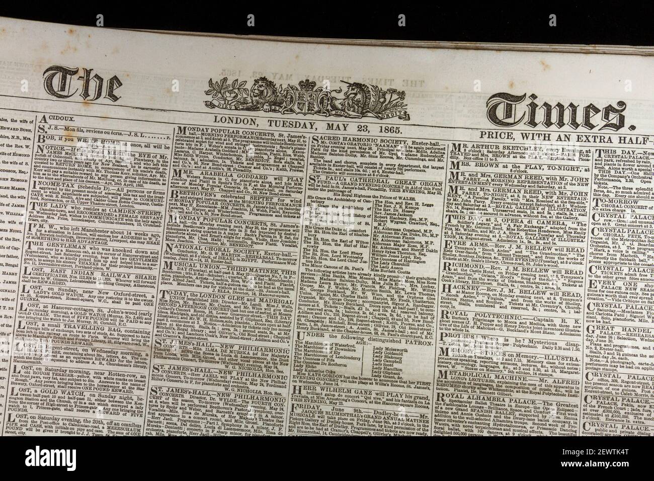 The masthead and top articles on the front page of The Times newspaper (Tuesday 23rd May 1865), London, UK. Stock Photo