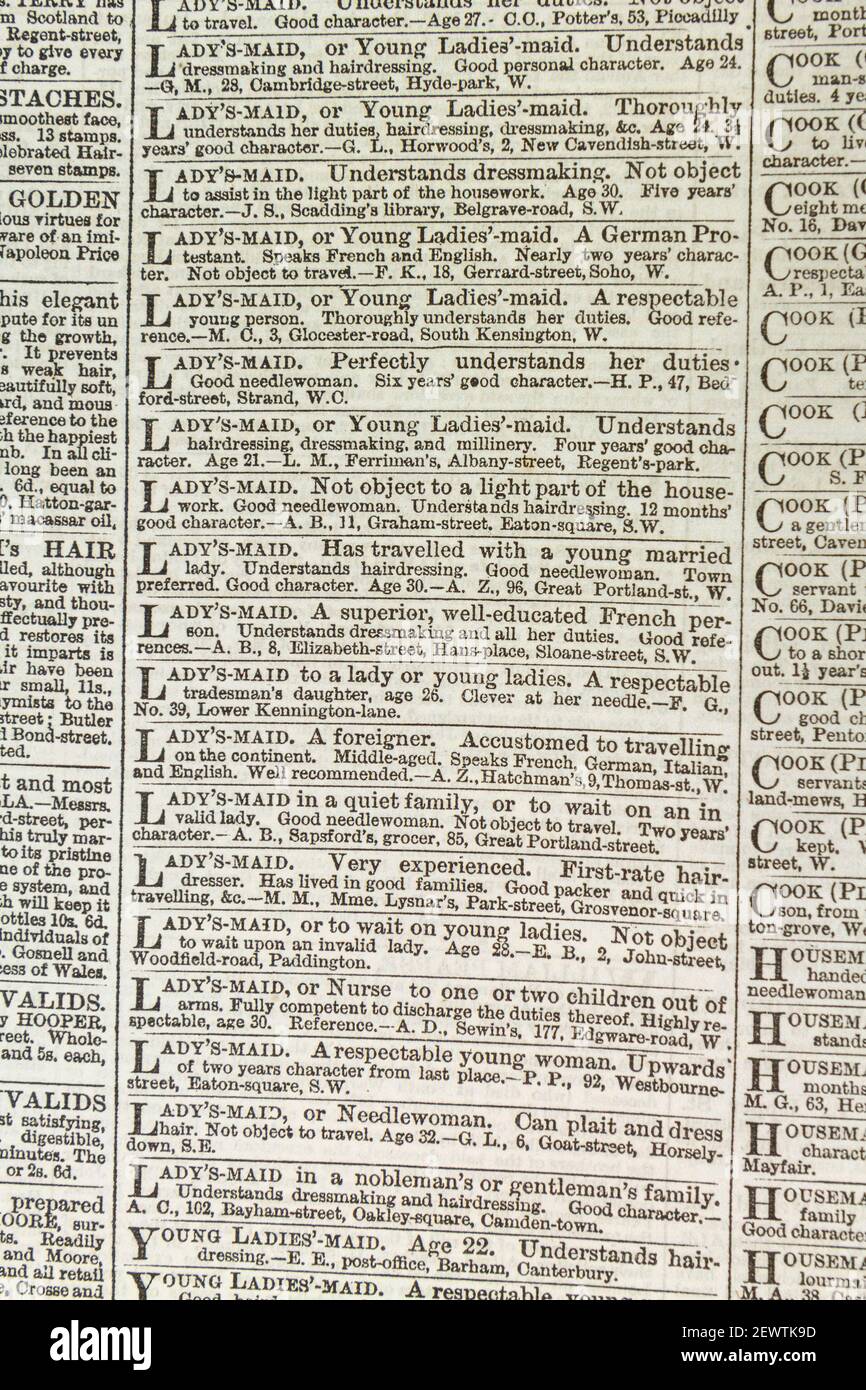Job vacancy adverts for Lady's Maids all over Central London in The Times newspaper (Tuesday 23rd May 1865), London, UK. Stock Photo