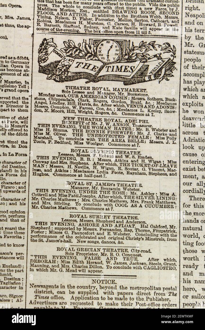 Theatre performance schedule for London Theatres (inc 'Our American Cousin') in The Times newspaper London on Thursday March 24th 1864. Stock Photo