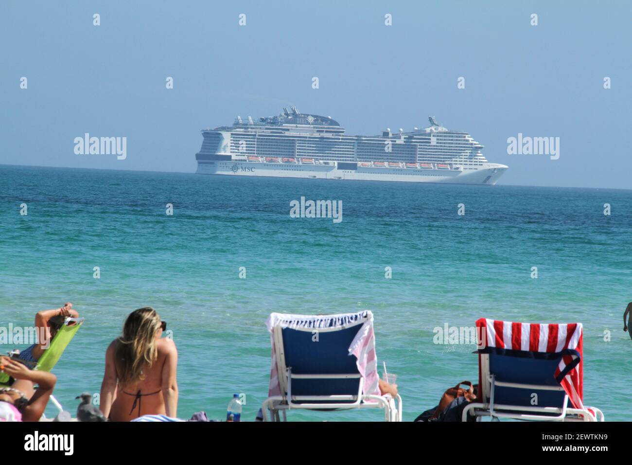 Cruise ship passing by Miami Beach, FL, USA Stock Photo