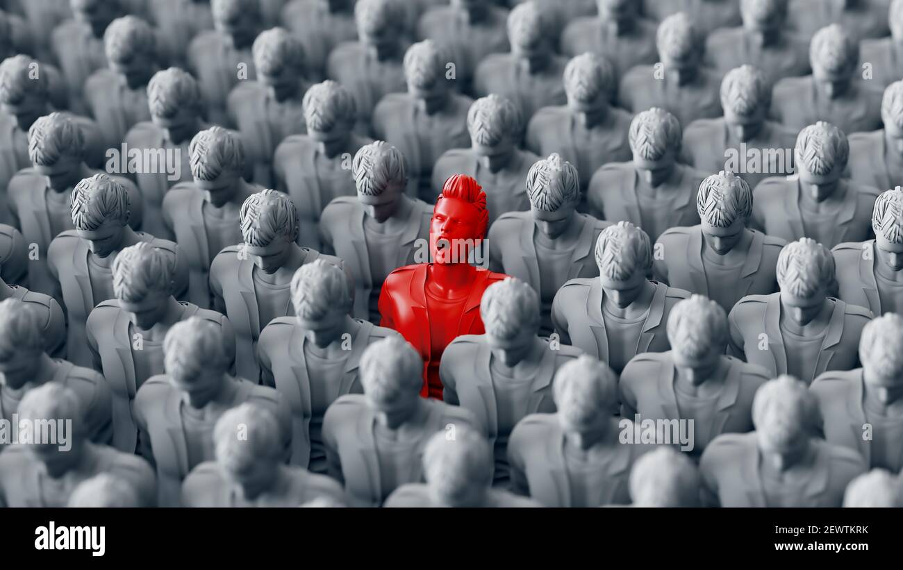 One Red standing Men screaming among Large Crowd grey people. 3d rendering Stock Photo