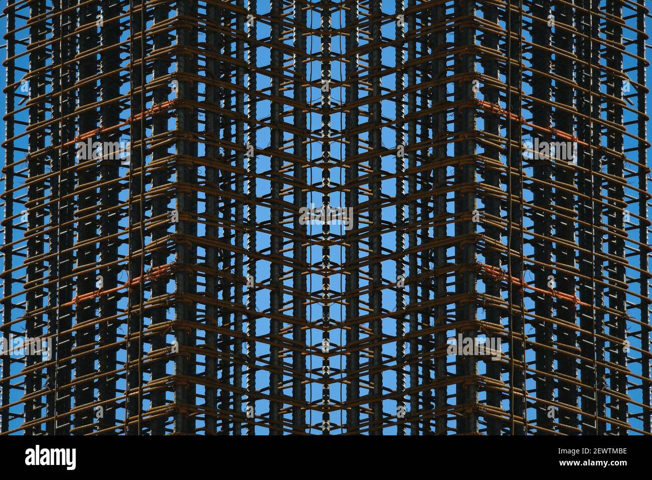 Skyscraper steel frame with vertical columns and horizontal Ibeams in