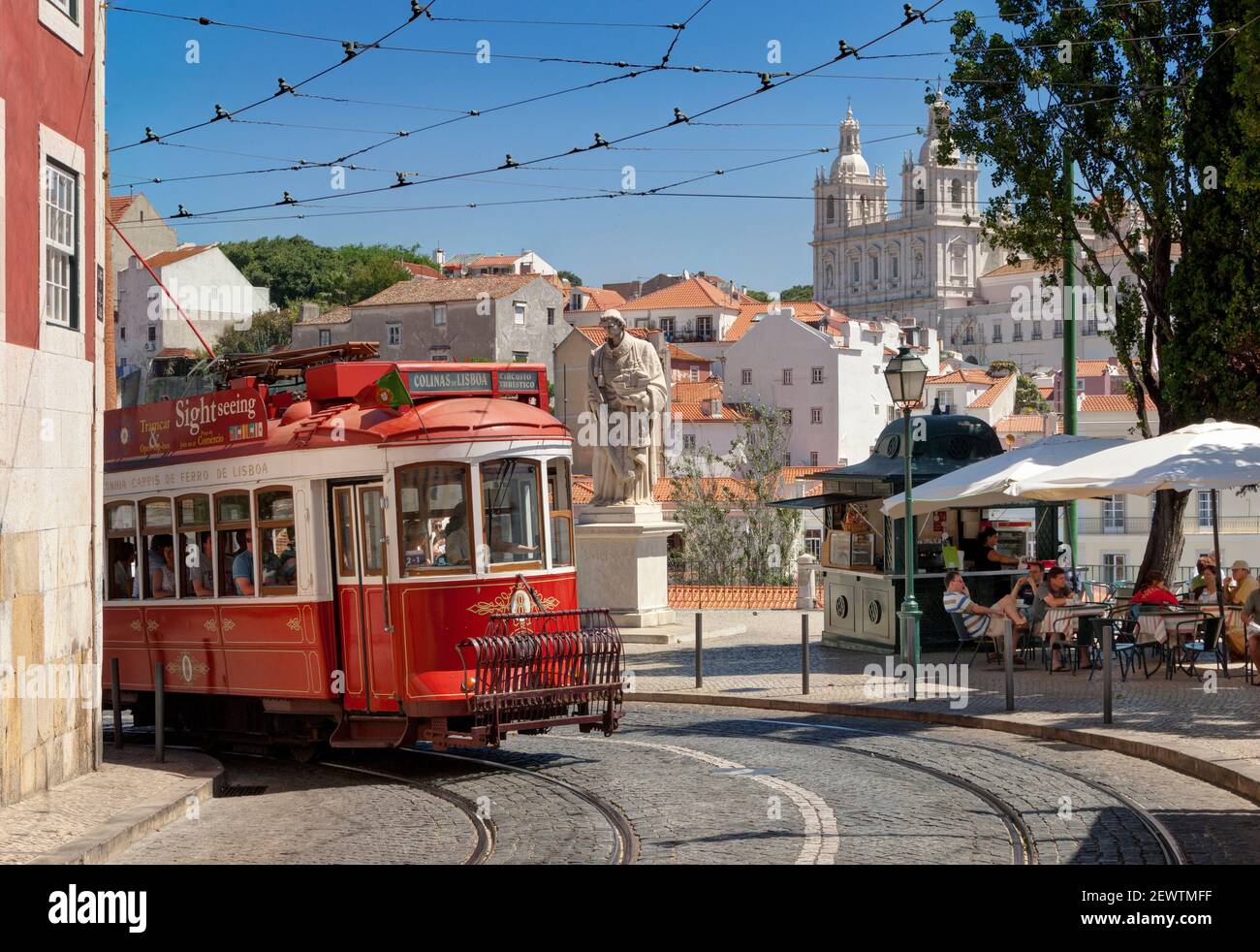 Portugal, Lisbon, a tram and street café, Largo de Santa Luzia Stock Photo