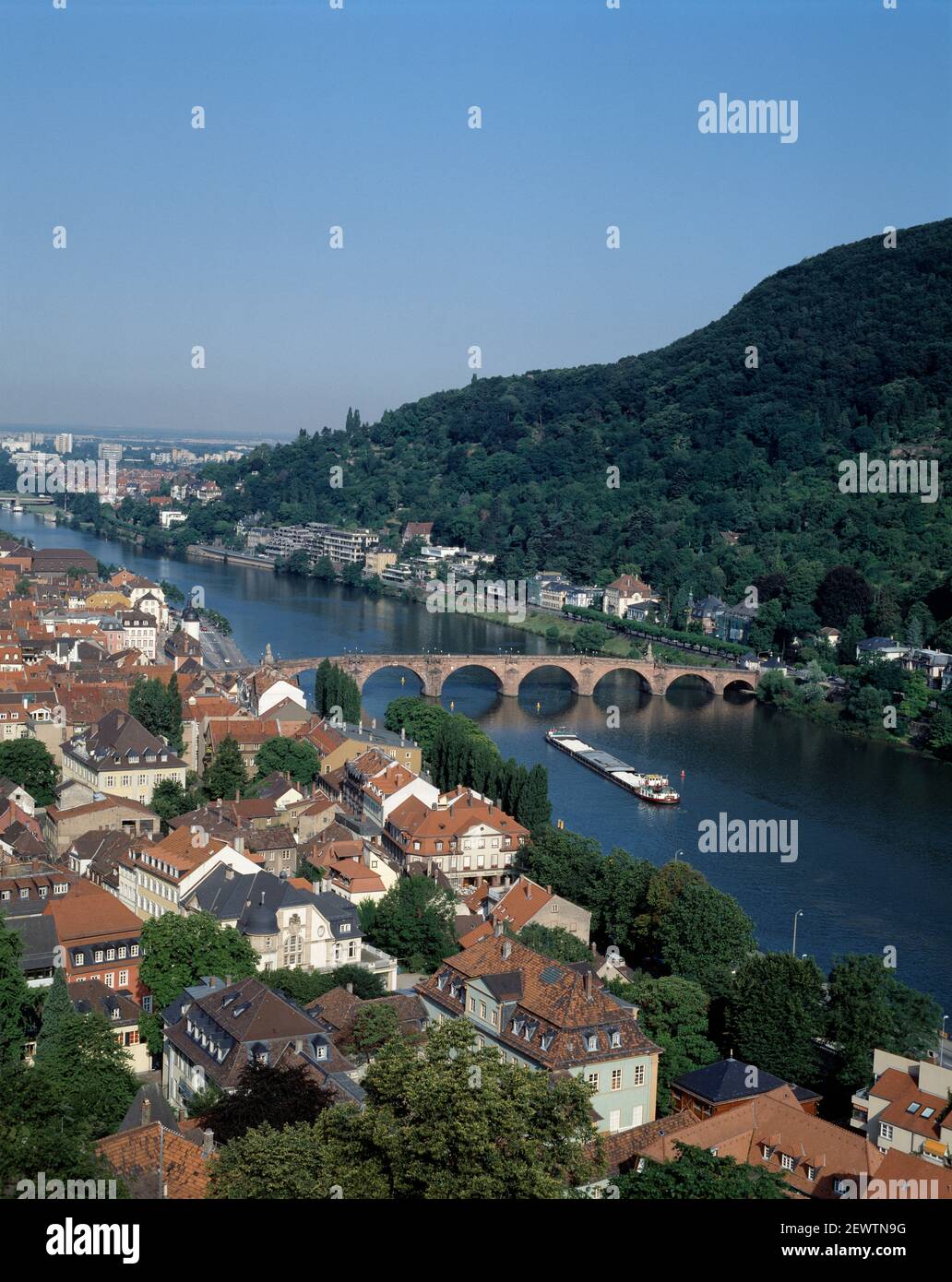 Germany. Baden-Württemberg. Heidelberg. High viewpoint of the town with barge on the River Neckar. Stock Photo