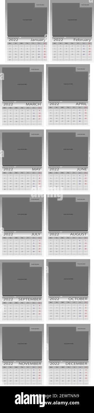 Calendar for 2022, twelve months each on one page. Beginning of the week from Monday. Monochrome grayscale. Stock Vector