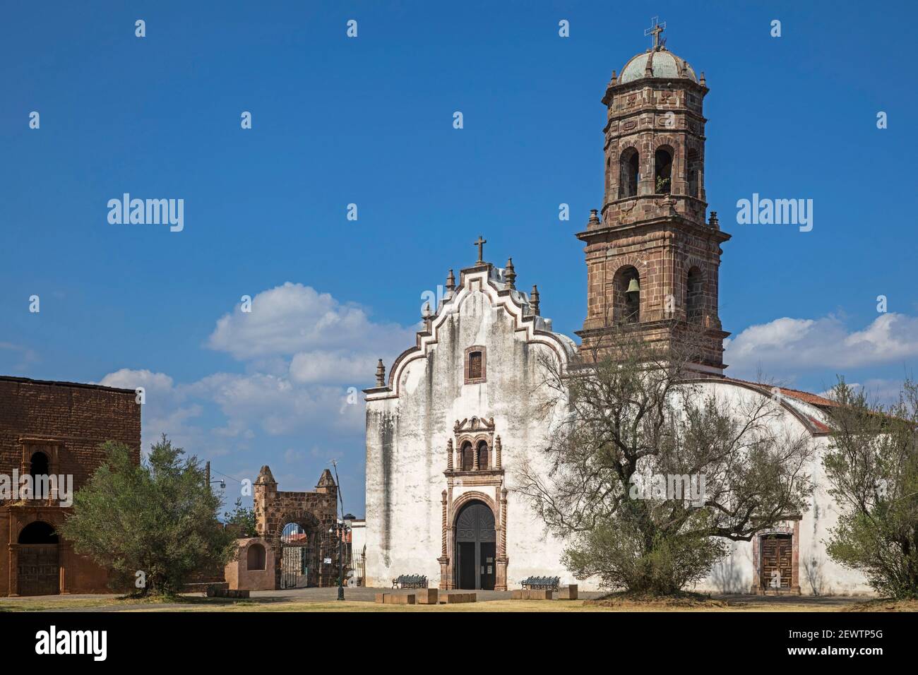 16th century Church of San Francisco in the monastery complex at the village Tzintzuntzan on the shore of Lake Pátzcuaro, Michoacán, Mexico Stock Photo