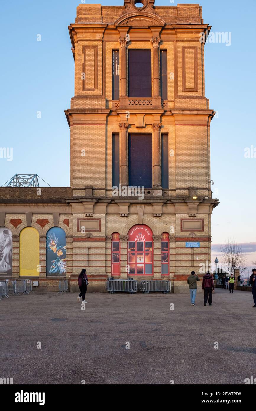 People enjoy an evening outside Alexandra Palace in Muswell Hill, London, in February 2021 during the covid lockdown Stock Photo