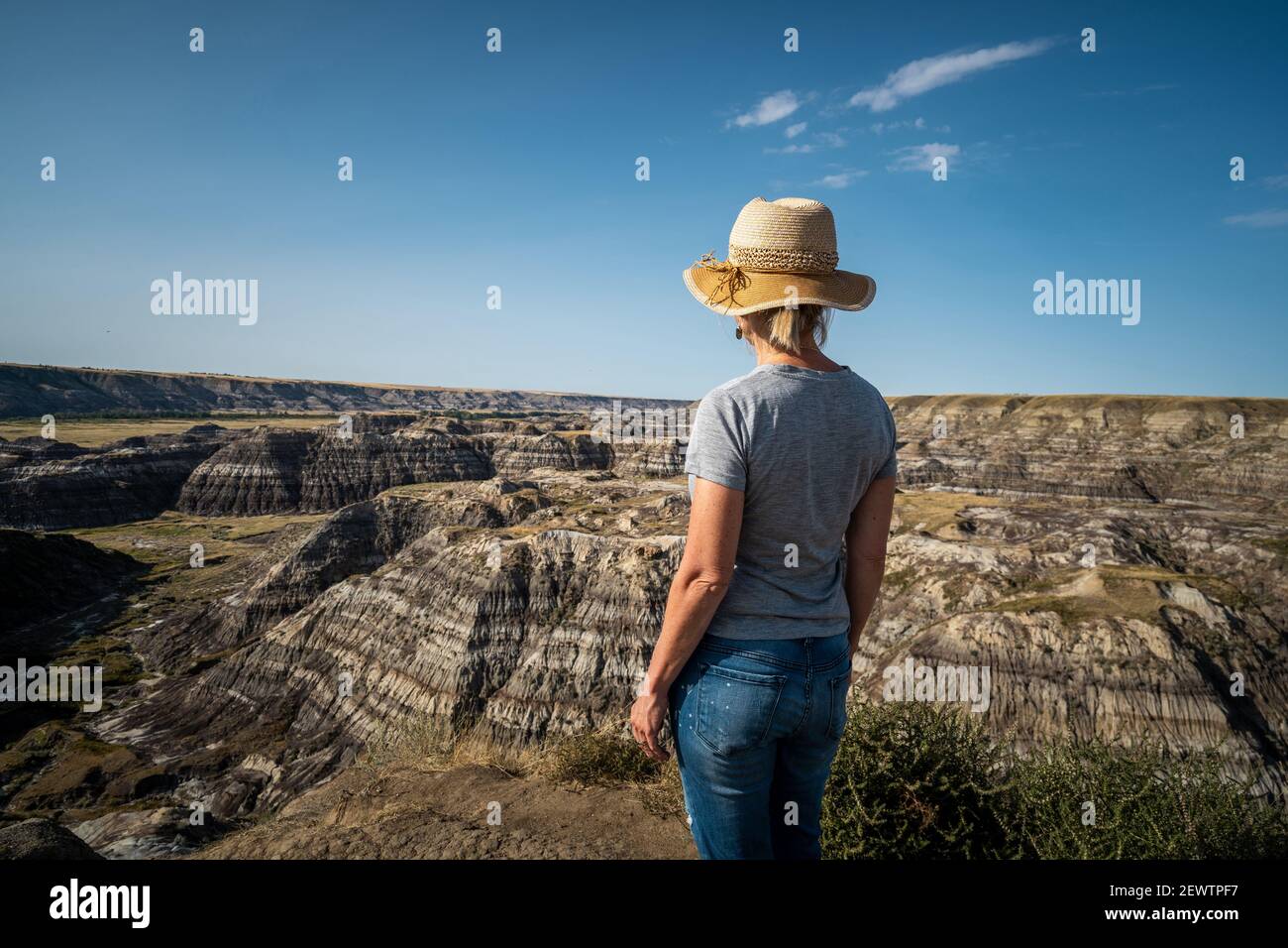 Female traveler looking at view at Horseshoe Canyon near Drumheller in Alberta, Canada. Stock Photo