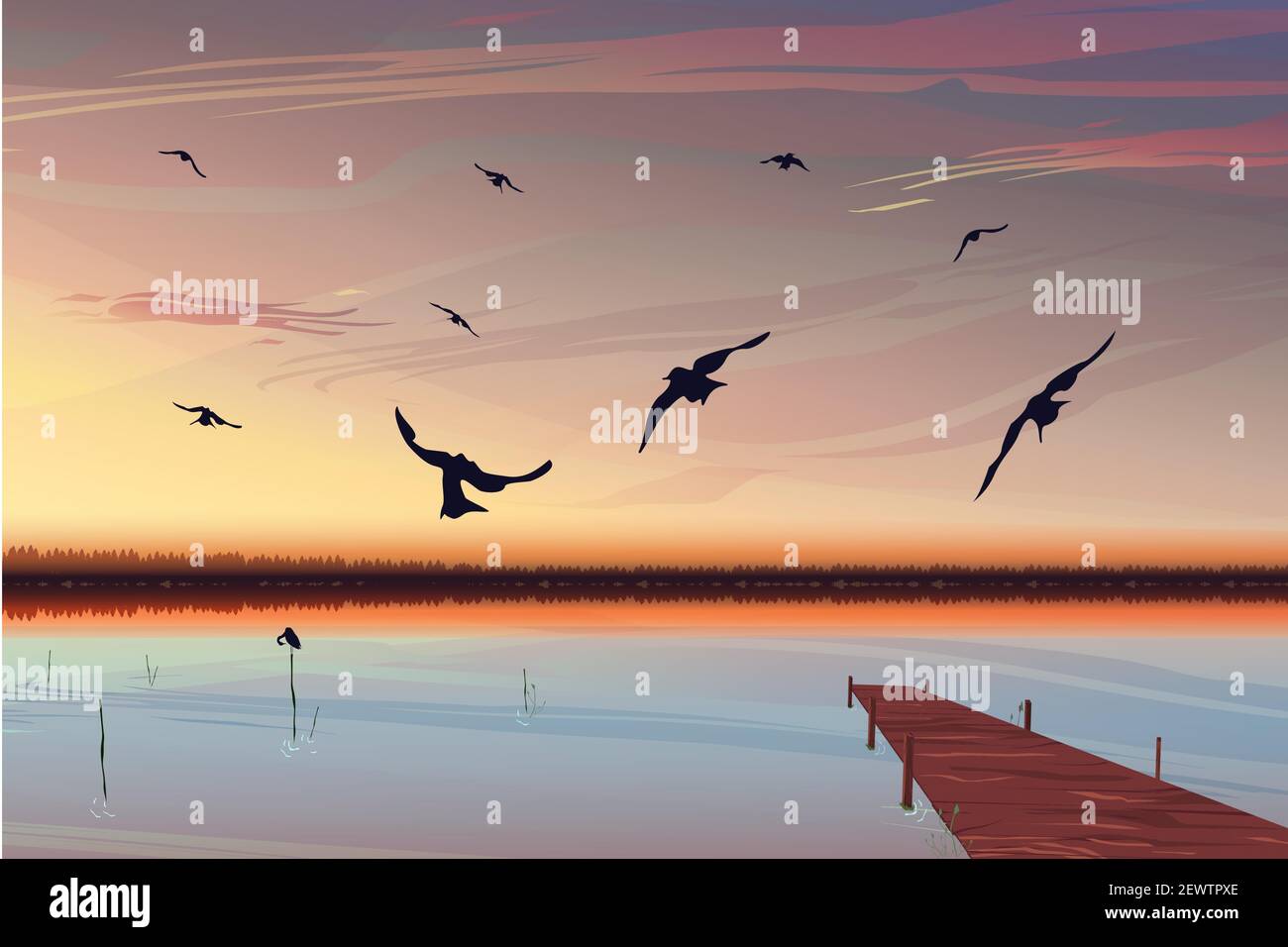Bright realistic sunset over the lake with a pier in the background. Birds fly in the foreground. Beautiful dawn with a warm yellow-pink sky. Landscap Stock Vector