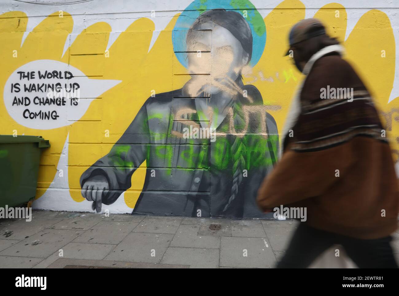 Dublin, Ireland, 3rd March 2021. Pictured today is graffiti defacing the mural of Greta Thunberg. The mural, by artist Emma Blake, has been vandalised with the words 'SLUT X George Soros'. Credit: Leah Farrell / RollingNews.ie Credit: RollingNews.ie/Alamy Live News Stock Photo