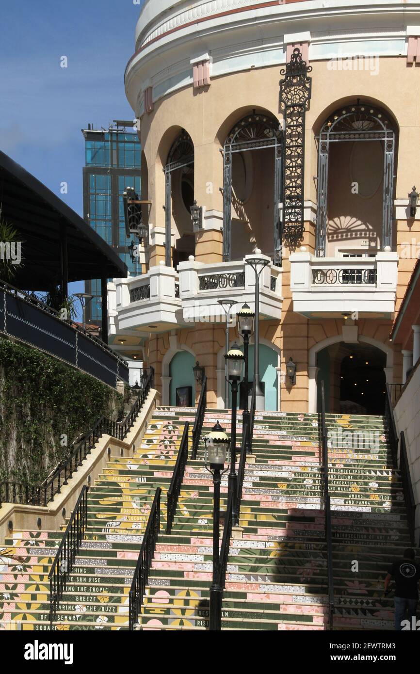 Palm Beach, Florida, USA. Tiled steps to Muvico Movie Theater in the