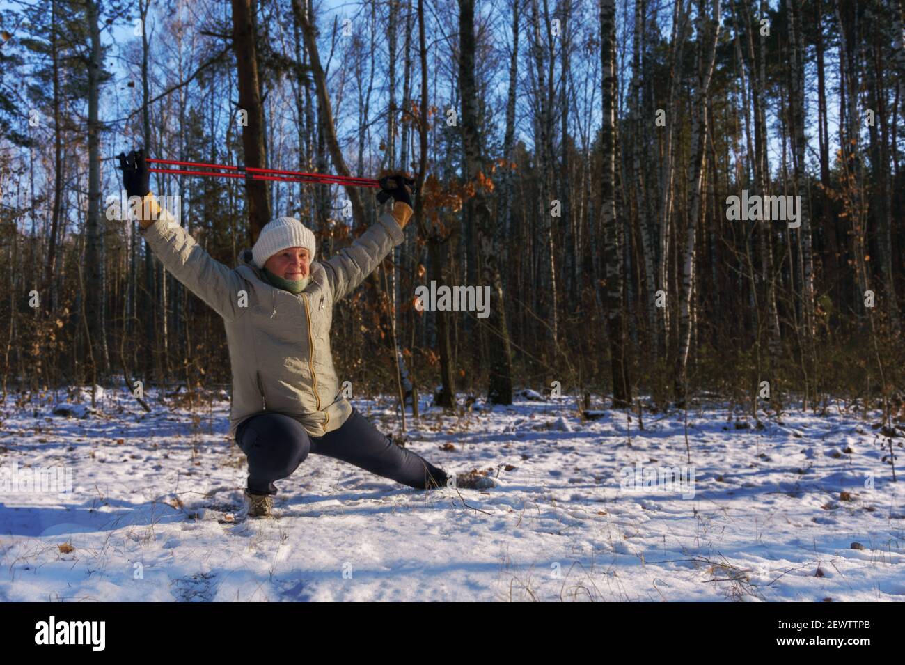 Senior woman doing exercise with sticks for Nordic walking in winter forest Stock Photo