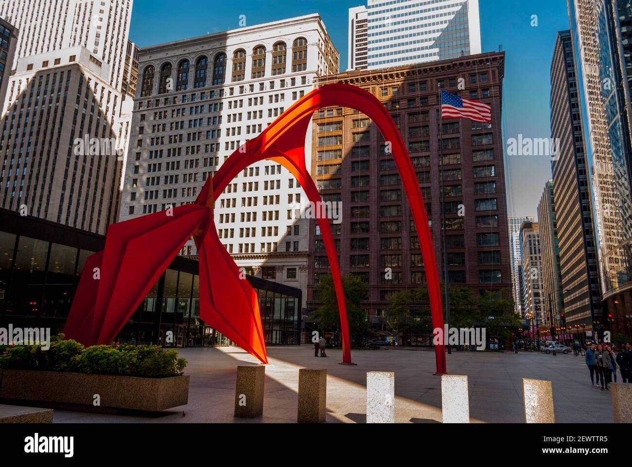 Calder's Flamingo or stabile, was unveiled to the public in 1974.it is situated at 50 W Adams St, Chicago, IL 60610 Stock Photo