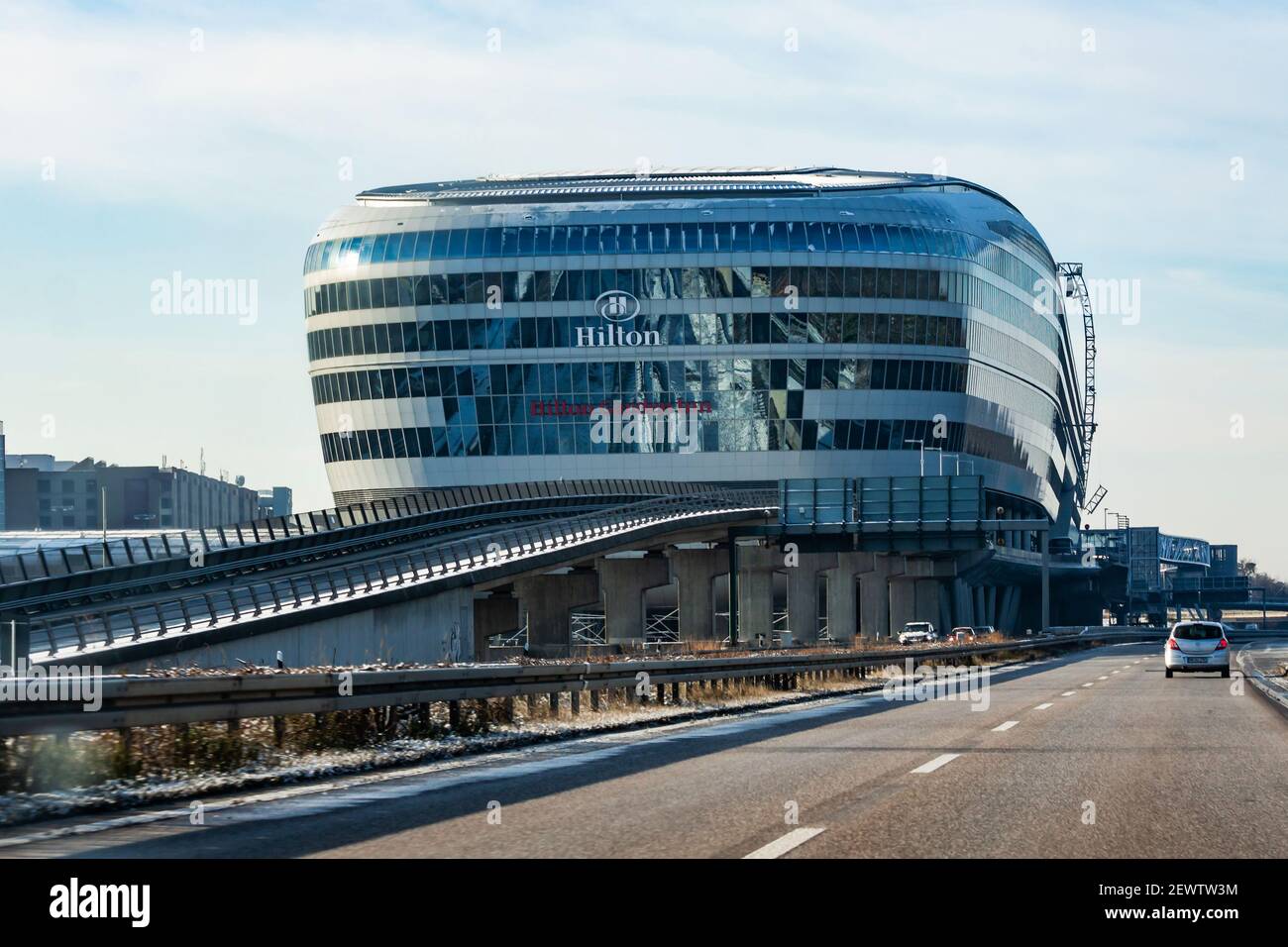 Hilton Frankfurt Airport. Airport long-distance train station. Autobahn highway. Stock Photo
