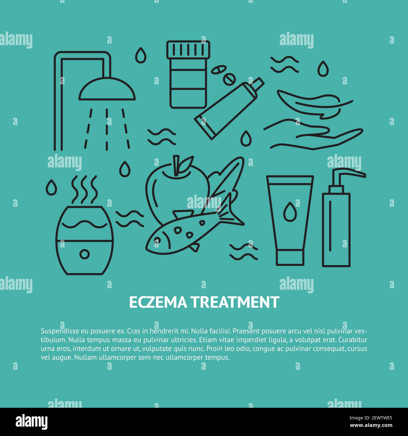 Eczema treatment concept banner with place for text. Skin care symbols ...