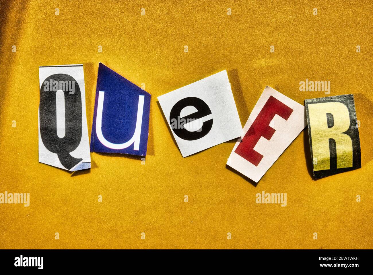 The word 'Queer' using cut-out paper letters in the ransom note effect typography, USA Stock Photo