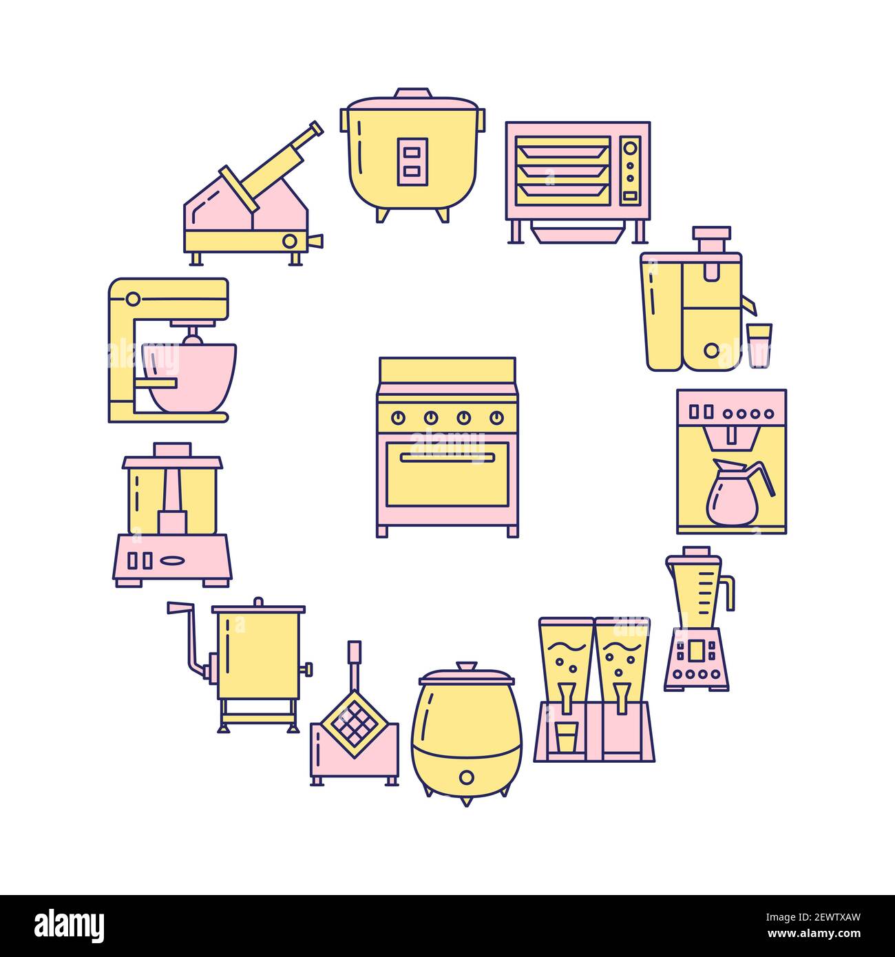 Kitchen equipment round concept banner in line style. Restaurant or cafe equipment poster