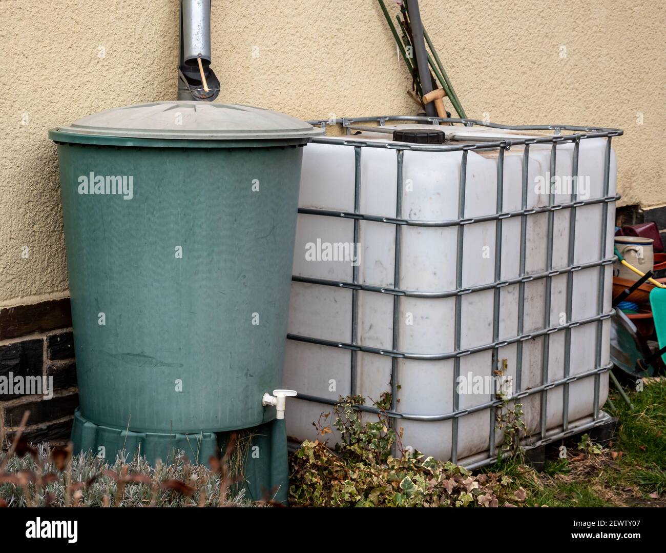 Rain barrels in the allotment garden Stock Photo