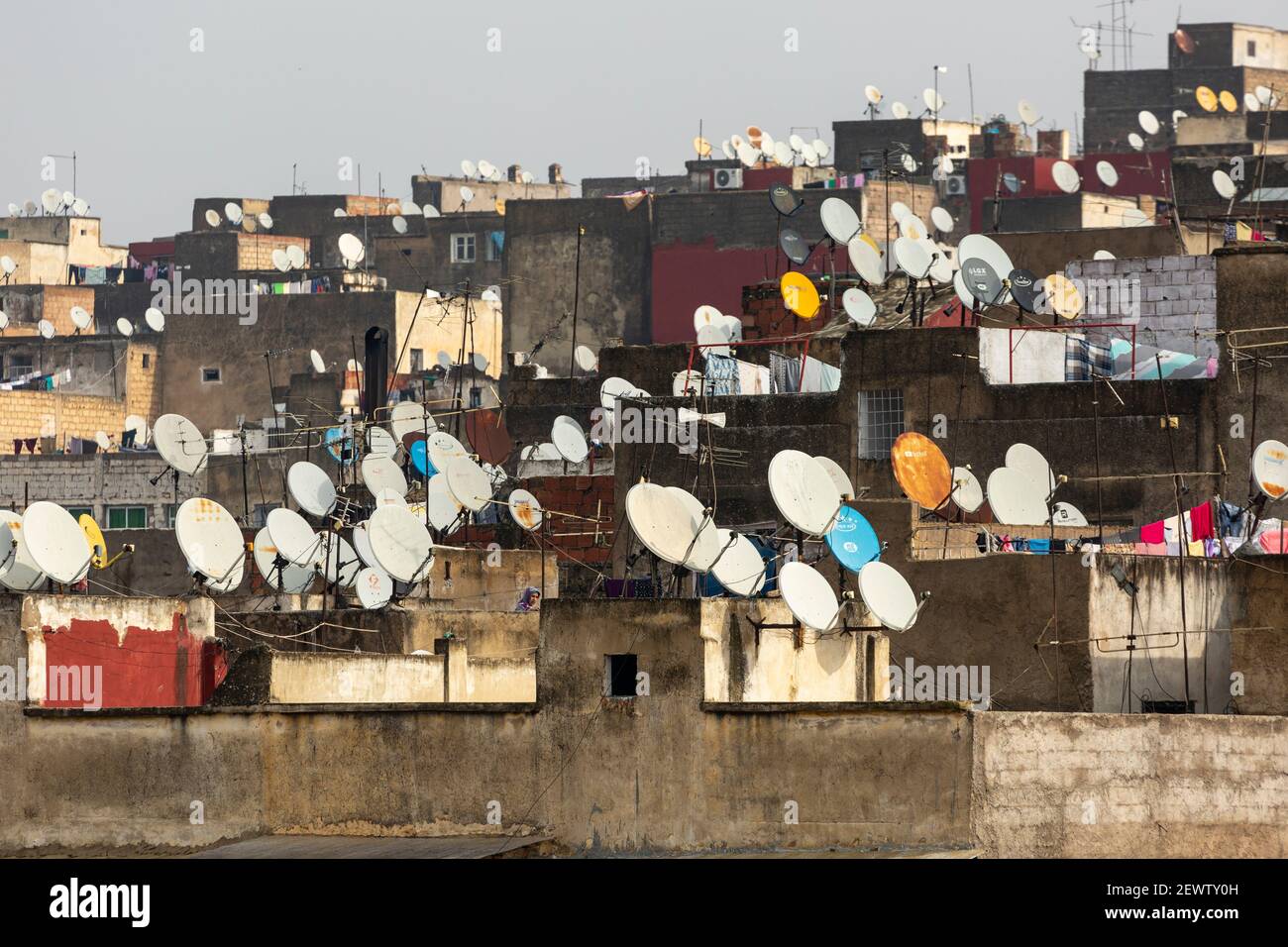 View over rooftops of the Fes medina showing many satellite dishes, Fes ...