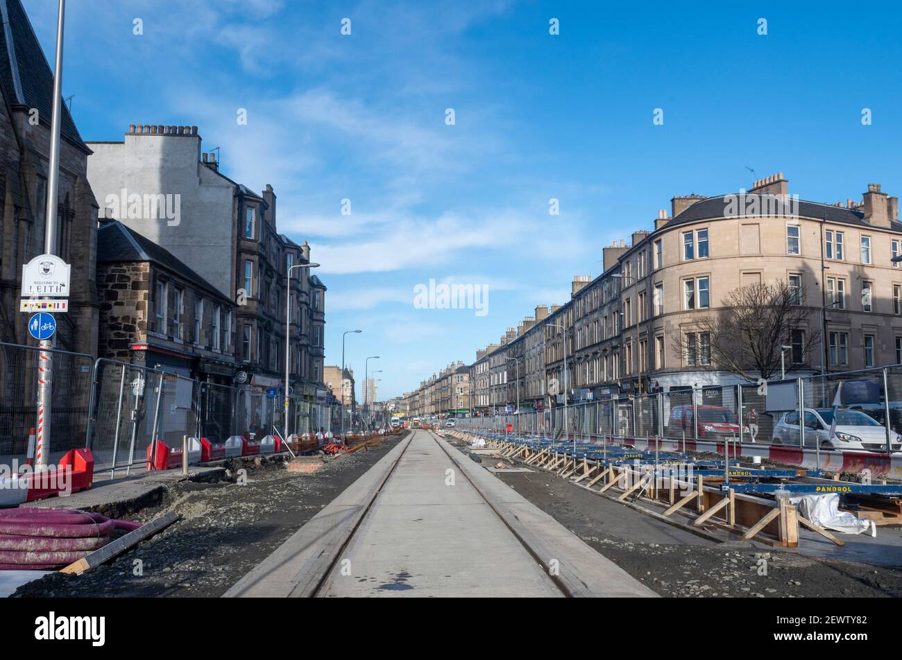 Edinburgh tram works on Leith Walk. The Edinburgh tram extension from York Place to Newhaven is expected to be completed by 2023 Stock Photo