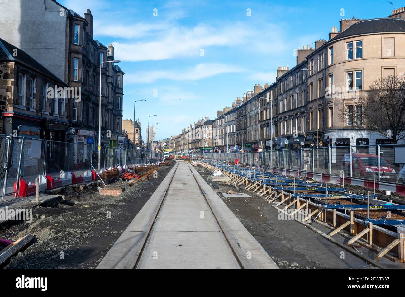 Edinburgh tram works on Leith Walk. The Edinburgh tram extension from York Place to Newhaven is expected to be completed by 2023 Stock Photo