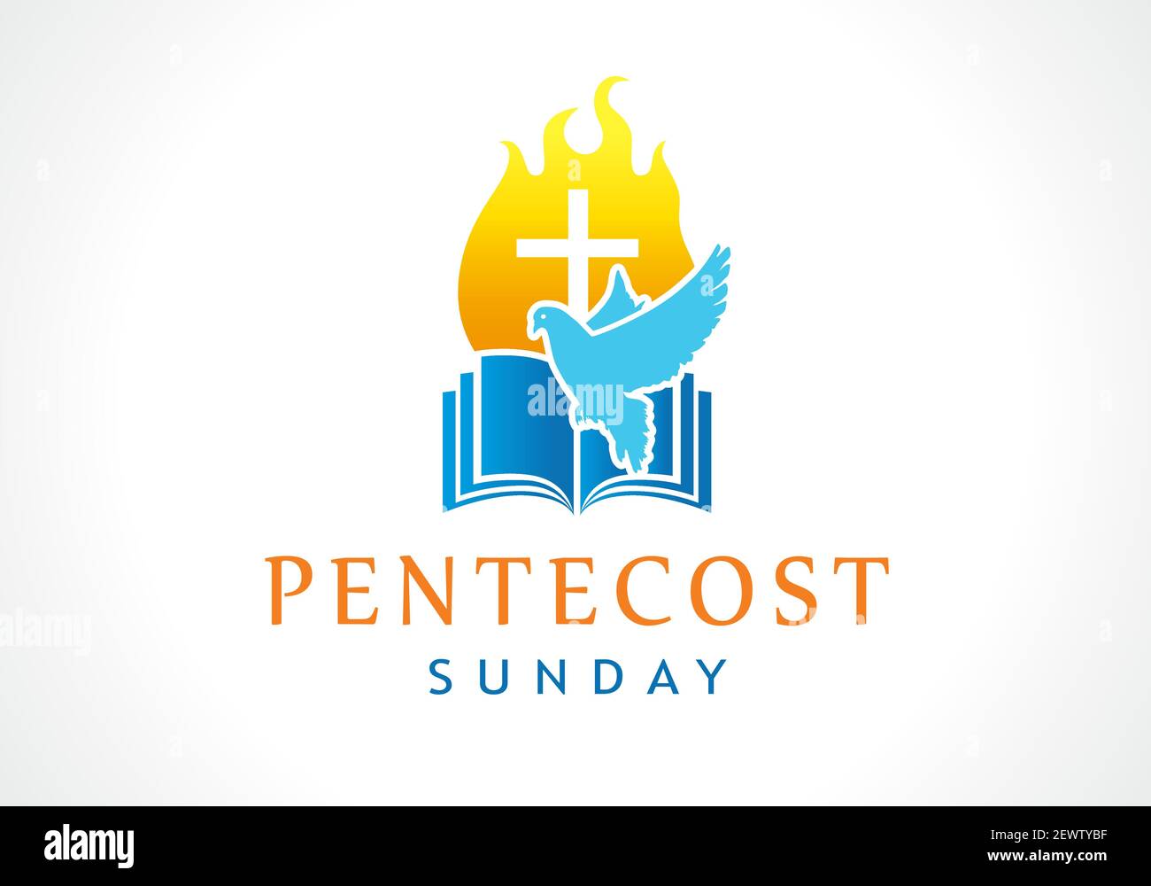 Pentecost Sunday banner with Holy Spirit in flame. Template invitation for Pentecost day with dove in tongues fire and text - The Outpouring of the Sp Stock Vector