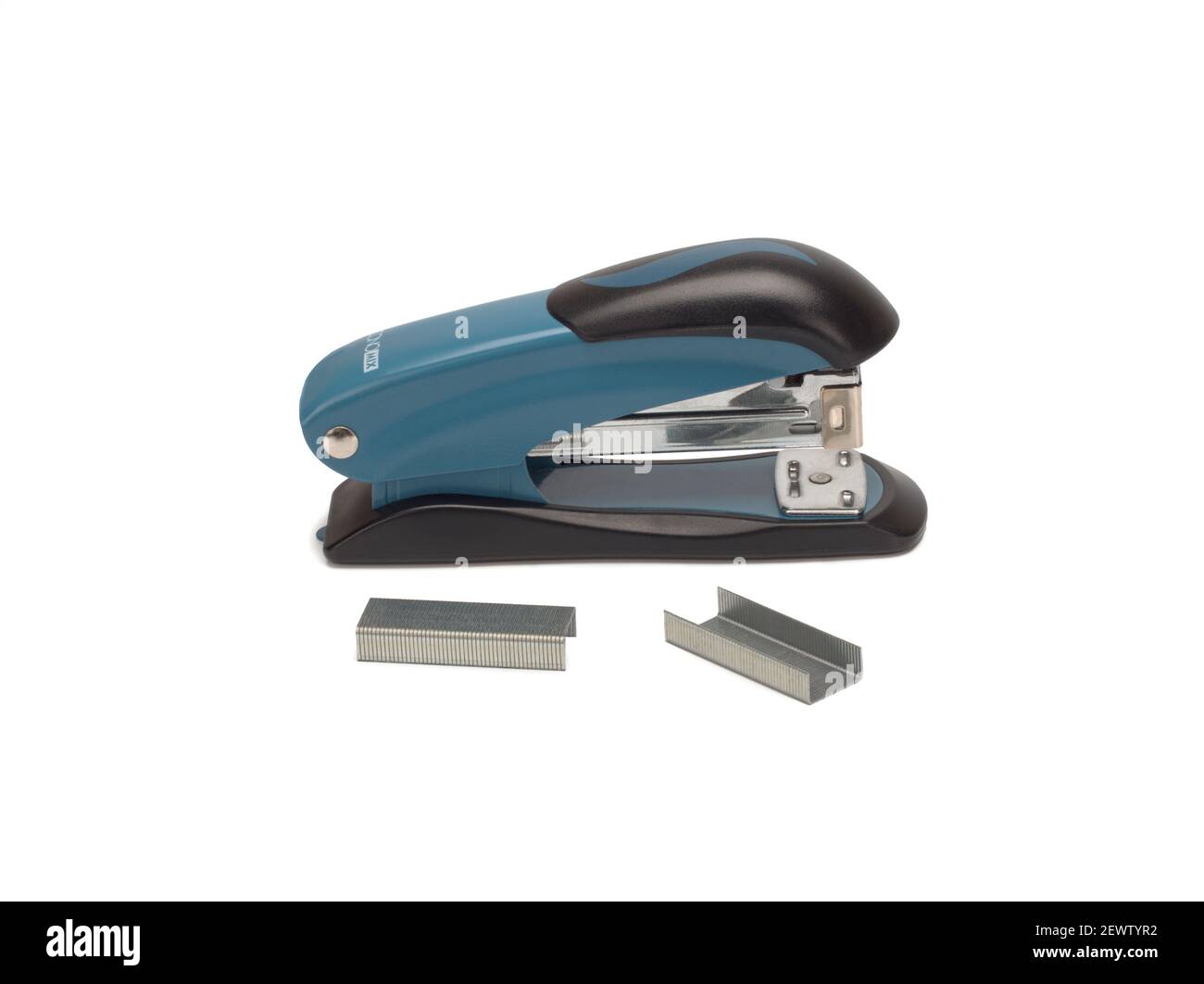 Top view of stapler and staples isolate on white background. Stock Photo