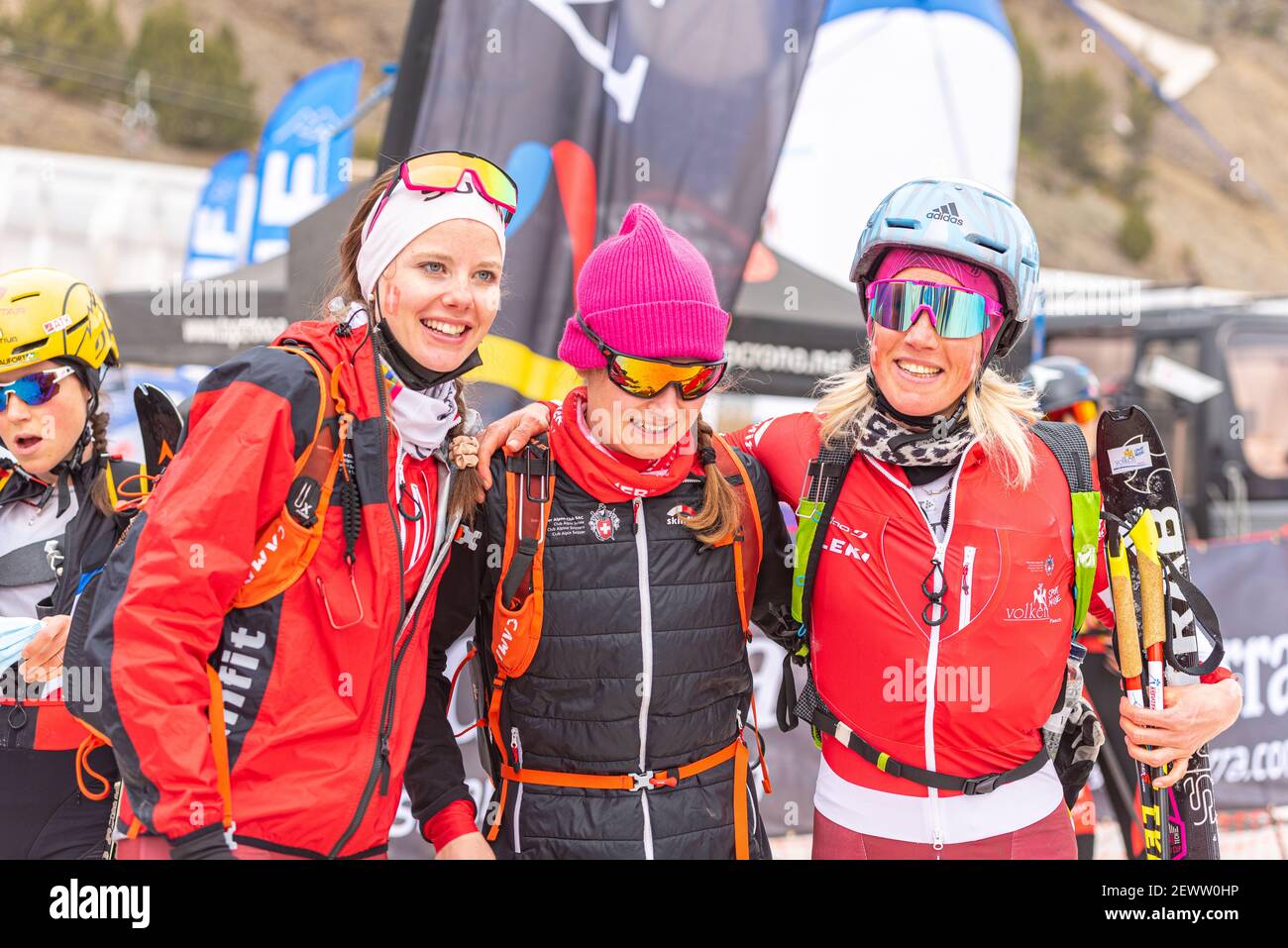 Arinsal, Andorra : 2021 March 3 : Swiss national team in the ISMF WC Championships Comapedrosa Andorra 2021- Relay Race Women. Stock Photo