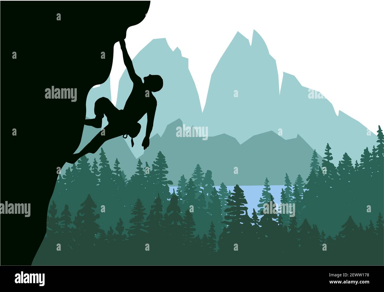Man climbing rock overhang. Mountains and forest in the background