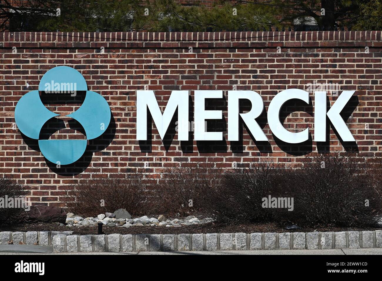 A view of Merck & Co. Pharmaceutical company name and logo outside