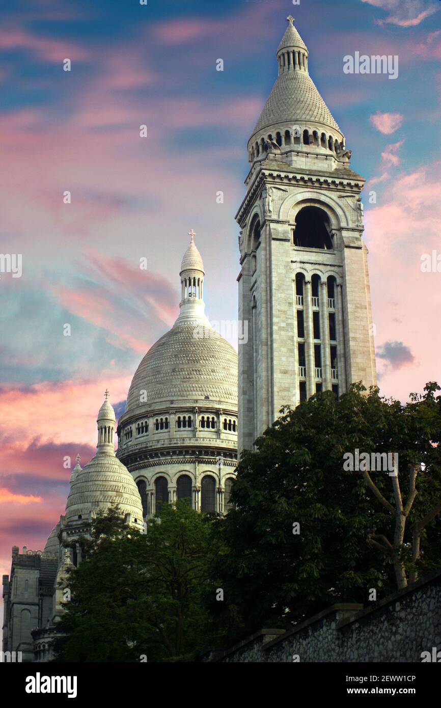 The Basilica of the Sacred Heart of Paris, commonly known as Sacré-Cœur Basilica and often simply Sacré-Cœur, Basilica in Paris, France. Stock Photo