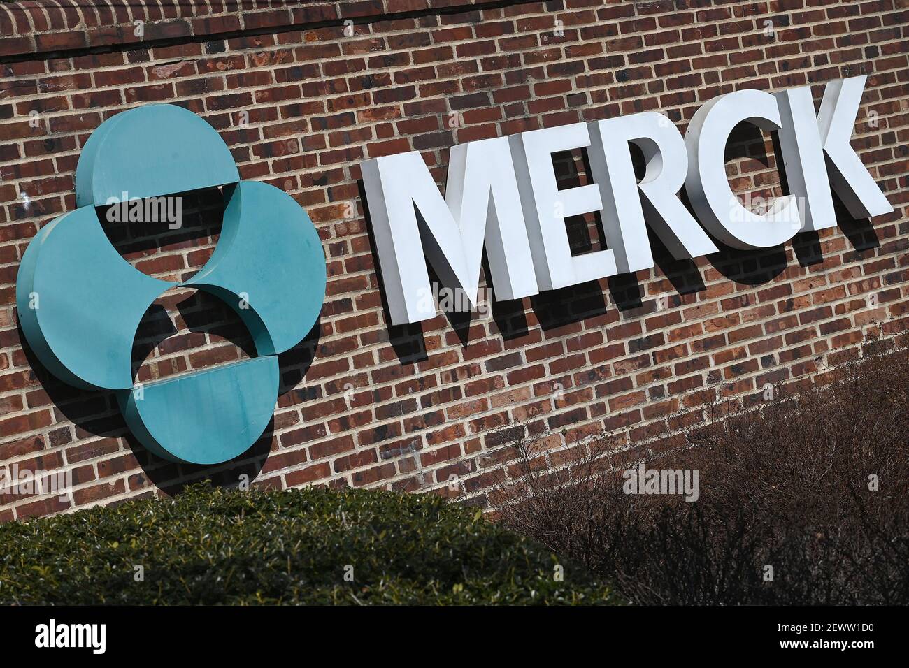 A view of Merck & Co. Pharmaceutical company name and logo outside