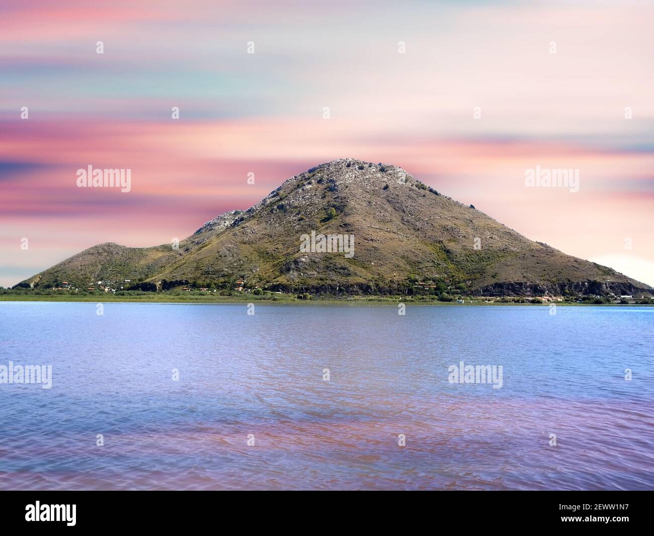 Scenic view of lake skadar and mountains at sunset, Lake in Europe. Stock Photo