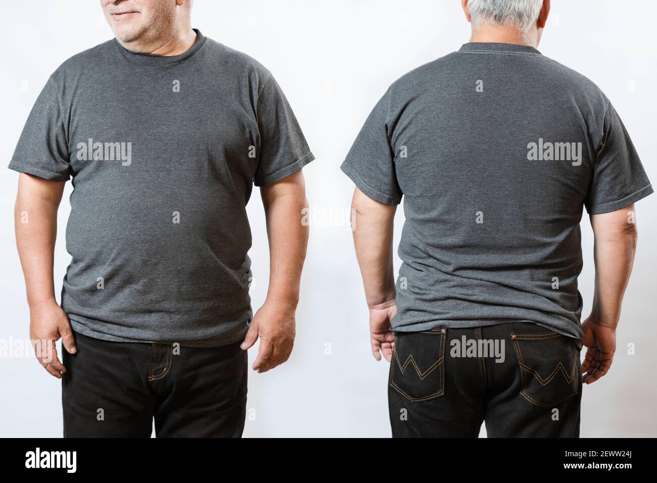 Fat man t-shirt mockup -gray t-shirt mockup on elderly man - front and back  Stock Photo - Alamy