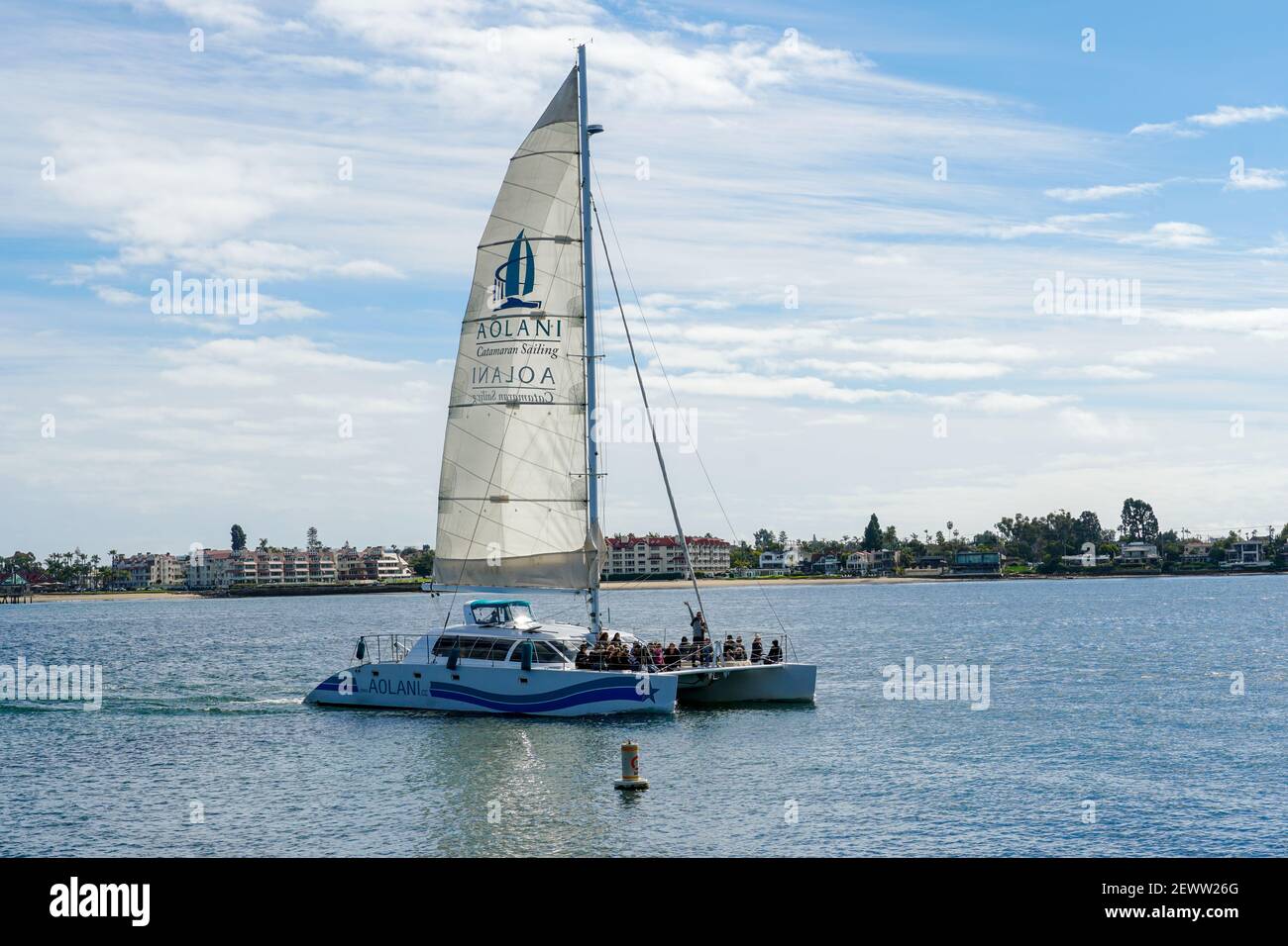 Tourist catamaran sailing boat in the Mission Bay of San Diego