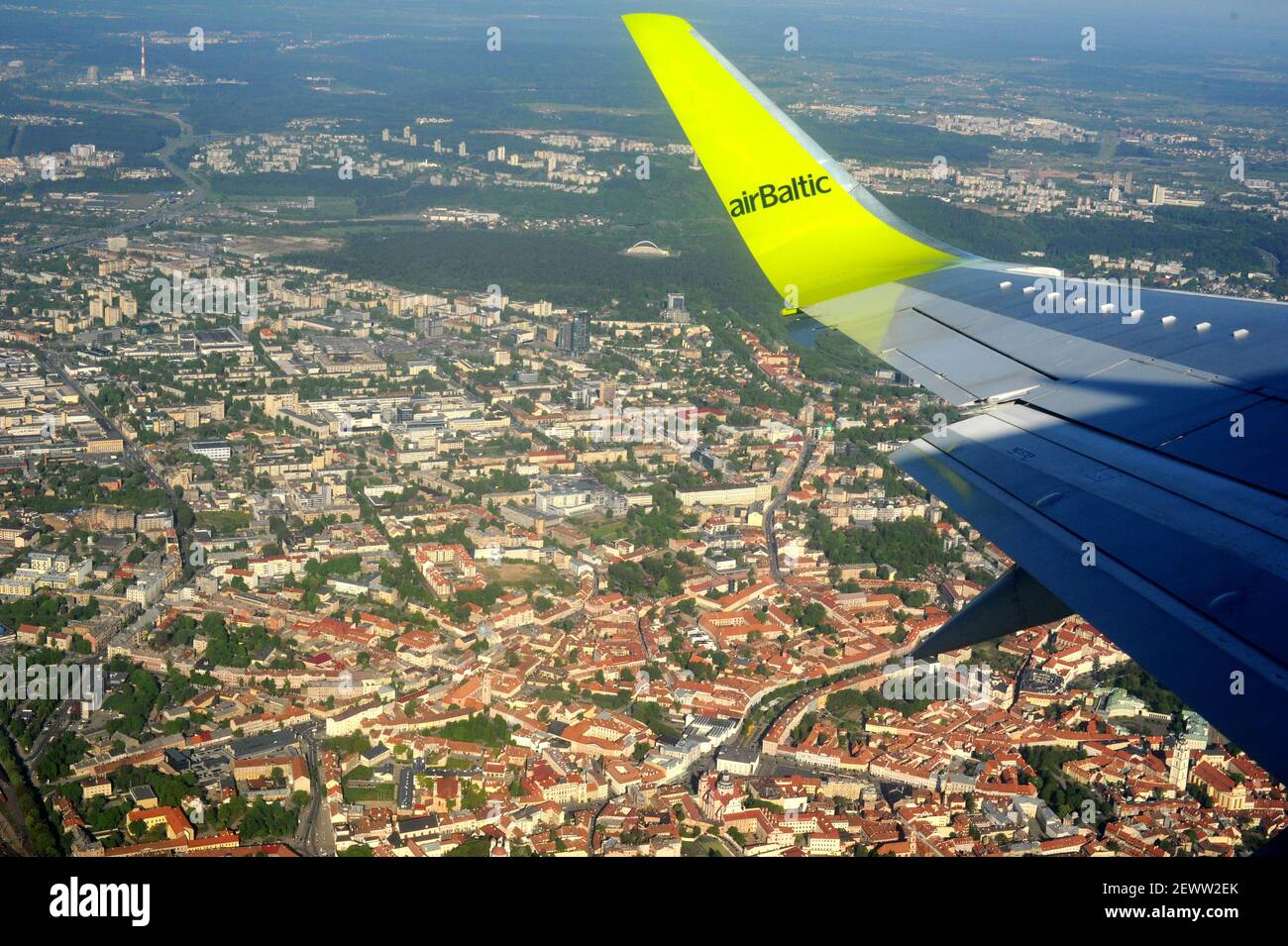 2012-05-09. AirBaltic flight over Vilnius Stock Photo