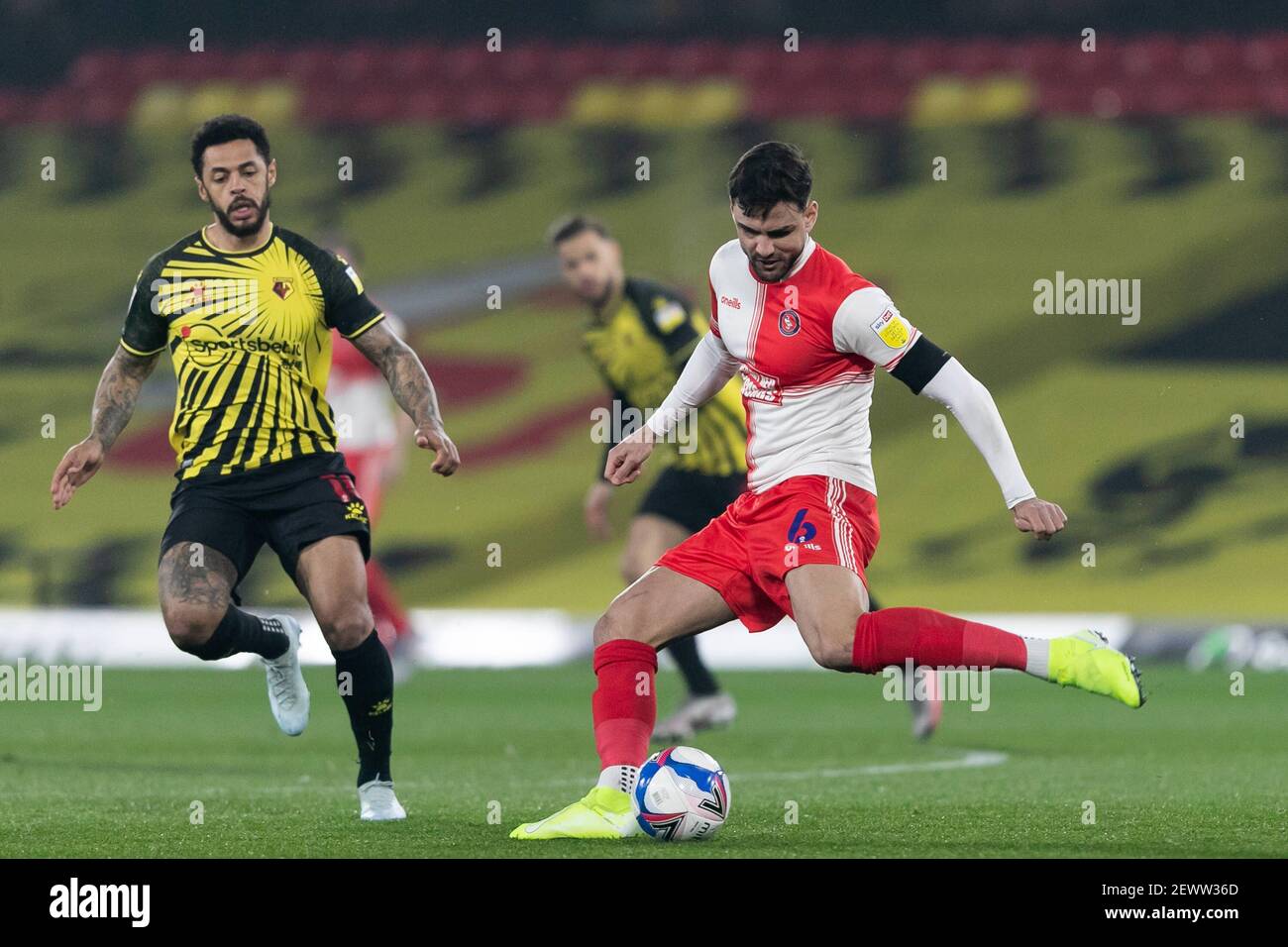 WATFORD, ENGLAND. MARCH 3RD: Ryan Tafazolli of Wycombe Wanderers kicks the ball during the Sky Bet Championship match between Watford and Wycombe Wanderers at Vicarage Road, Watford on Wednesday 3rd March 2021. (Credit: Juan Gasparini | MI News) Credit: MI News & Sport /Alamy Live News Stock Photo