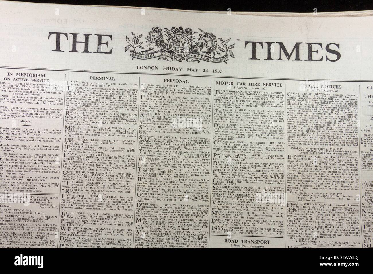 The Times newspaper masthead on the front page on Friday 24th May 1935  Stock Photo - Alamy