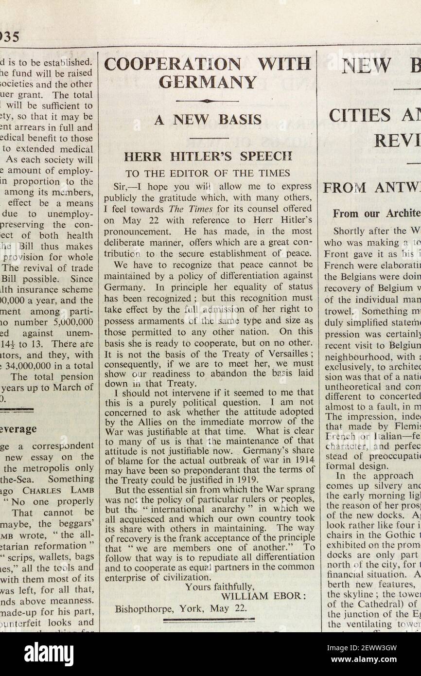 Letter to the editor saying UK should support Germanys right to rearm after Treaty of Versailles, Times newspaper, London, UK, Fri 24th May 1935. Stock Photo
