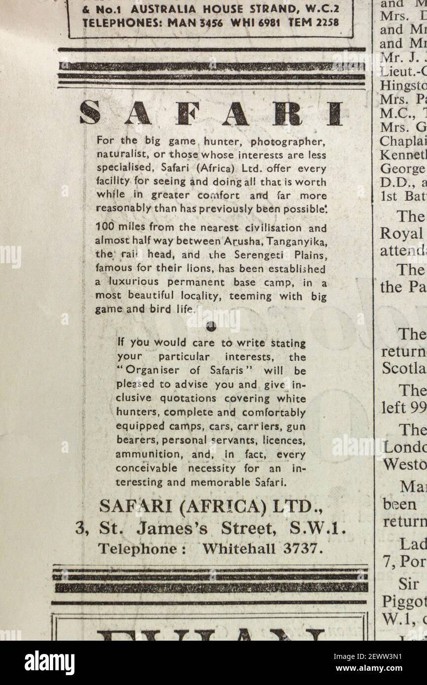 Advert for Safari (Africa) Ltd in The Times newspaper, London, UK, Friday 24th May 1935. Stock Photo