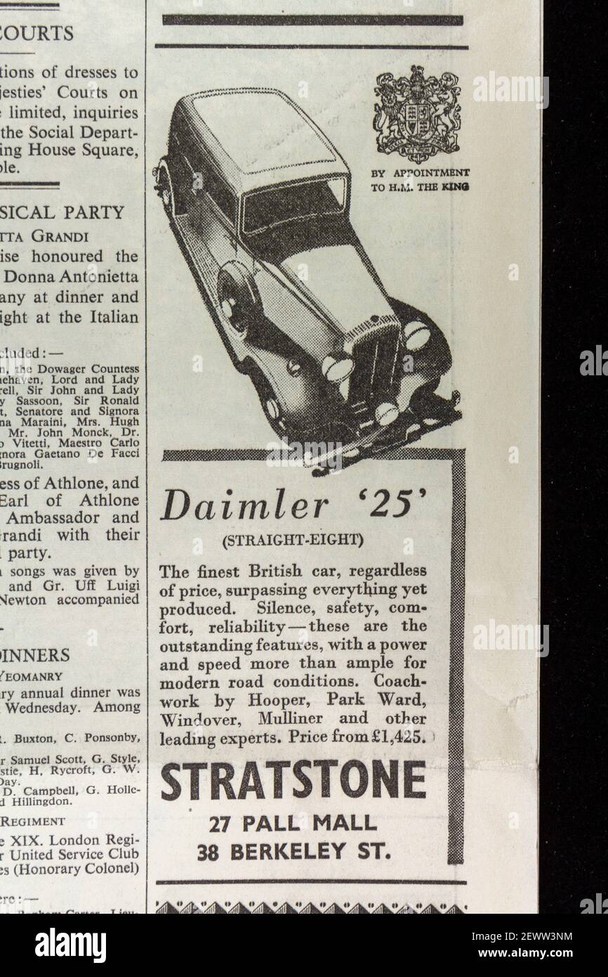 Advert for the Daimler '25' for sale at Stratstone on Pall Mall, London in The Times newspaper, London, UK, Friday 24th May 1935. Stock Photo