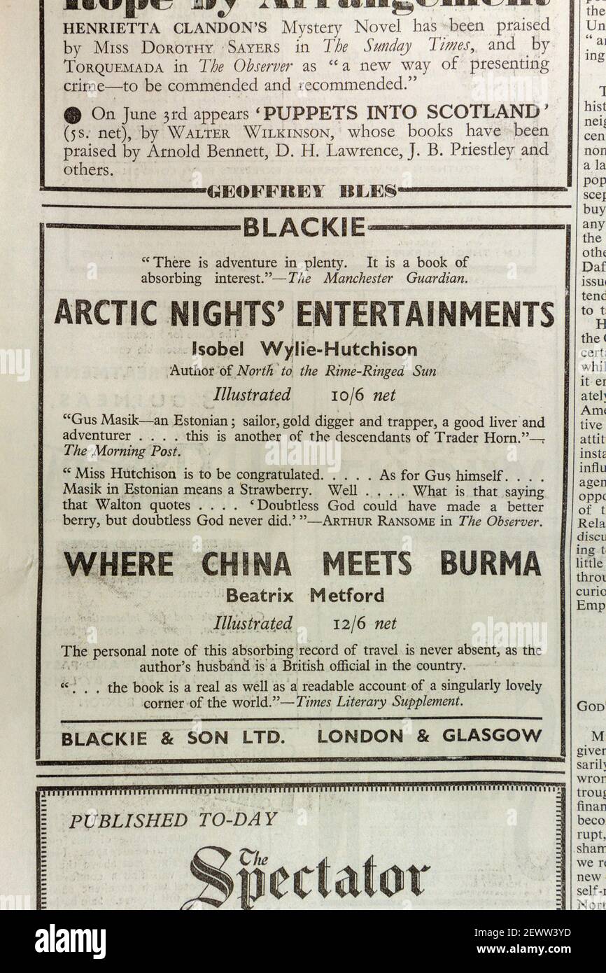 Advert for books published by Blackie & Son Ltd in The Times newspaper, London, UK, Friday 24th May 1935. Stock Photo