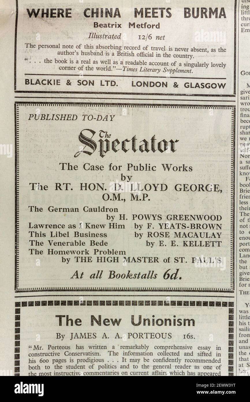 Advert for books published by The Spectator in The Times newspaper, London, UK, Friday 24th May 1935. Stock Photo