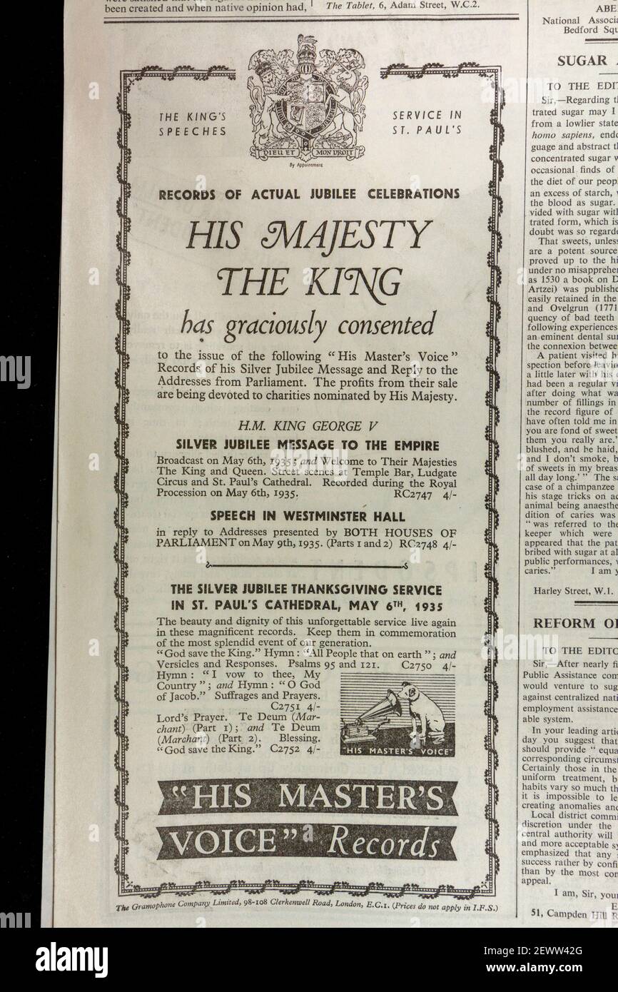 Advert for His Masters Voice (HMV) recordings of HM King George V in The Times newspaper, London, UK, Friday 24th May 1935. Stock Photo
