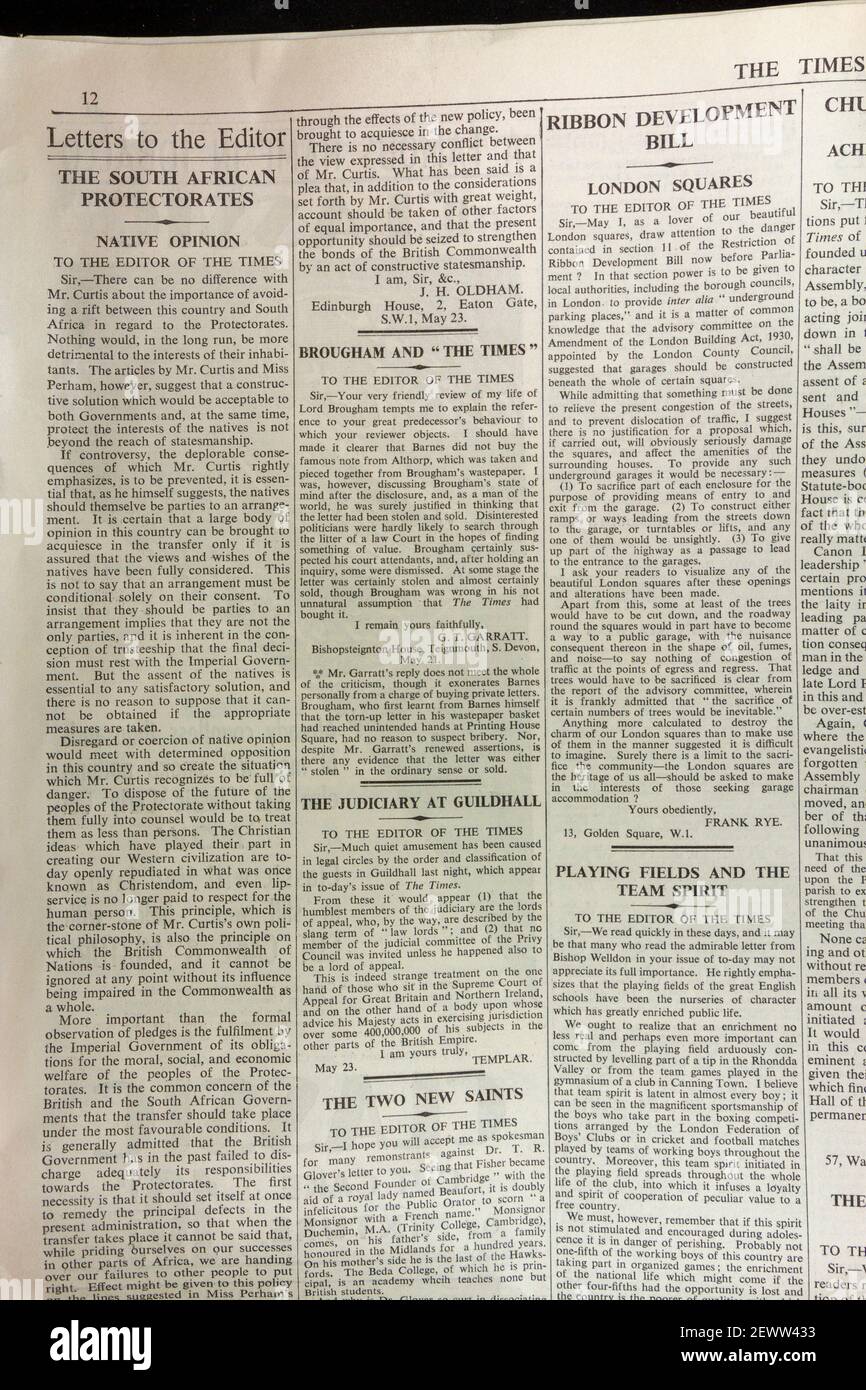The 'Letters to the Editor' page in The Times newspaper, London, UK, Friday 24th May 1935. Stock Photo